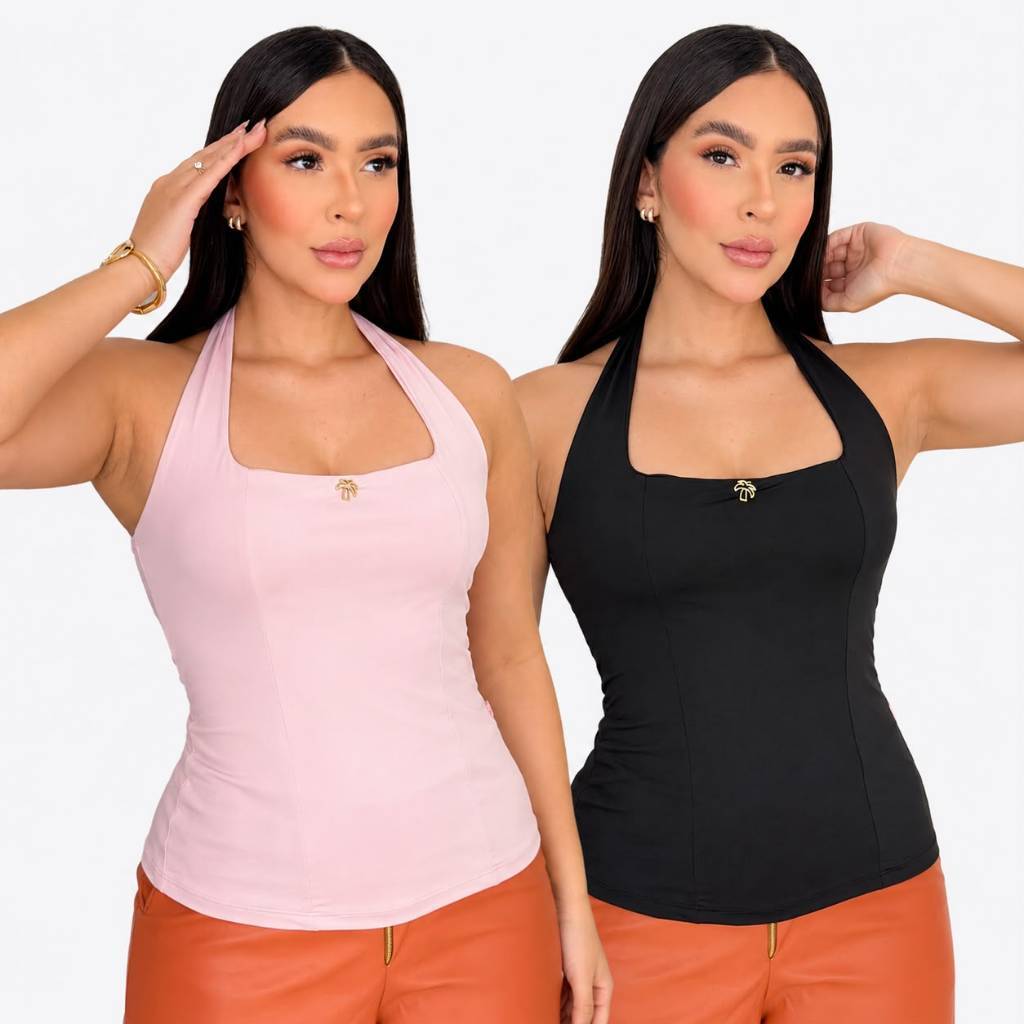 Regata Feminina Poliamida Frente Única Decote Quadrado Blusa Alça no Pescoço com Pingente Dourado Casual