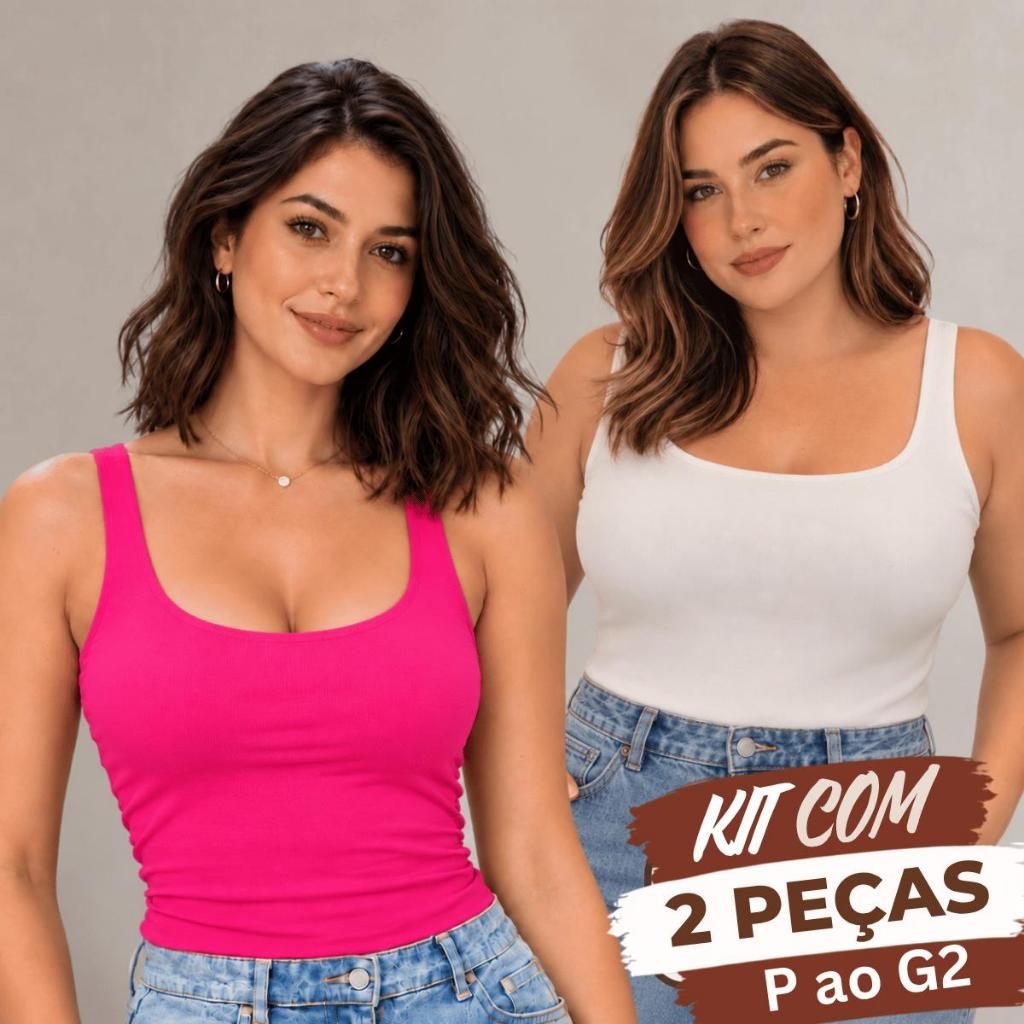 KIT 2 Regatas Casual Blusinha Feminina Suplex Forro Duplo Elegante Blogueira Decote Básica Plus Size