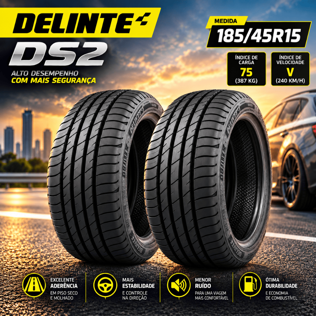 Kit 2 Pneu 185/45R15 75V Delinte DS2 Aro 15 Esportivo Baixo Perfil