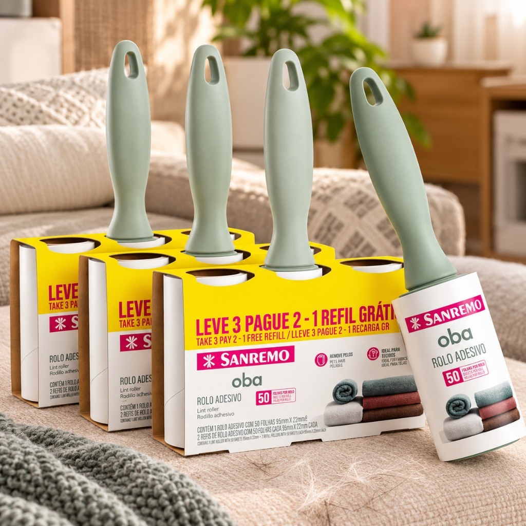 Kit Rolo Tira Pelo Adesivo de Roupas Cama Sofa Pet Fiapos Refil Poeira Sanremo