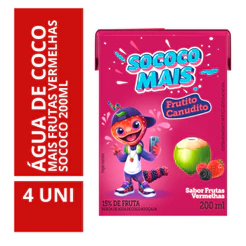 Água de Coco Mais Frutas Vermelhas Sococo 200ml - 4 Unidades