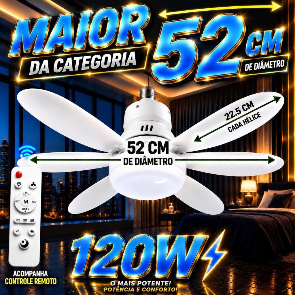 Ventilador Lâmpada de led 2 em 1 com 120w de potencia e 52 Centímetro bivolt com controle remoto