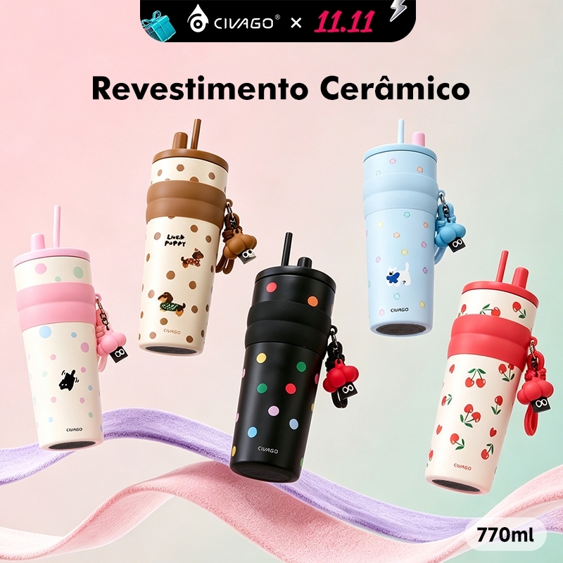 CIVAGO Fashion Garrafa Térmica Inox 770ml Revestimento Cerâmico com Canudo e Tampa Antivazamento Quente/Frio com Pingent