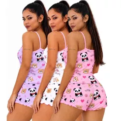 KIT COM 03 PIJAMAS SÃO TRÊS CONJUNTOS DE SHORT DOLL PIJAMA FEMININO CORES VARIADAS