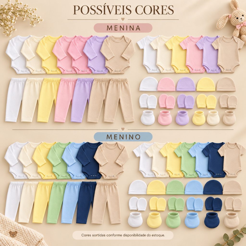 Kit Enxoval 25 Peças Bebê Body Calça Mijão Luva Sapato Touca 100% Algodão Menino Menina Maternidade RN — imagem 2 de 2