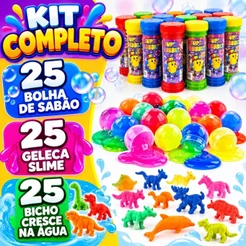 Kit 25 Bolha de Sabao + 25 Geleca Slime + 25 Bicho Cresce Na Água Lembrancinha Aniversario Prenda