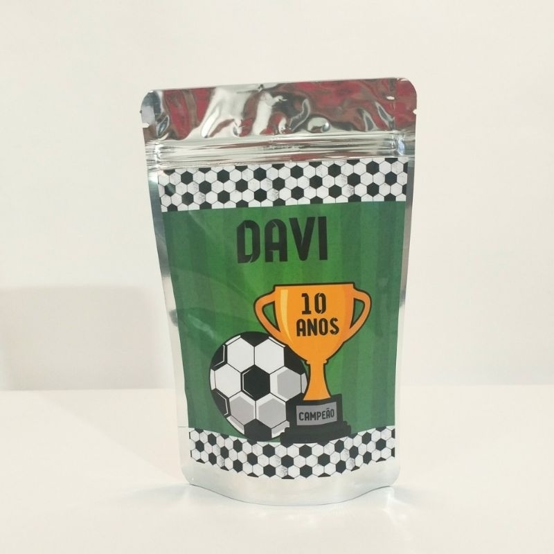 SAQUINHO METALIZADO ZIPLOCK FUTEBOL PERSONALIZADO/LEMBRANCINHA DE FESTA INFANTIL/ANIVERSÁRIO