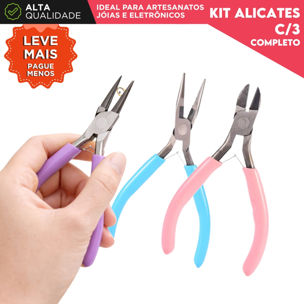 Kit Alicates para Bijuteria 3 Peças Bico Redondo Bico Fino Corte Artesanato Joias DIY Ferramentas NYBC