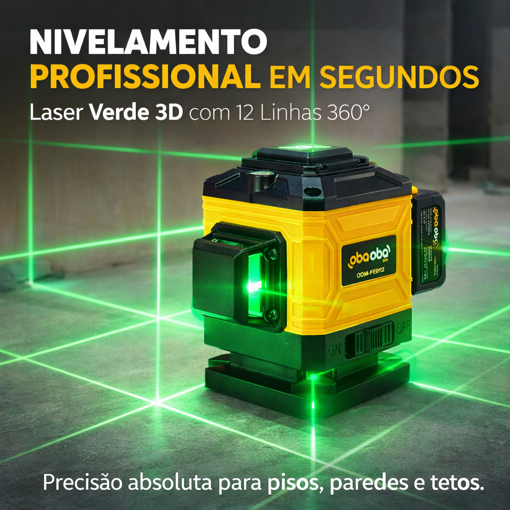 Nível a Laser 3D 12 Linhas Verde 360° Profissional Autonivelante + 2 Baterias 2400mAh OOM-FE012