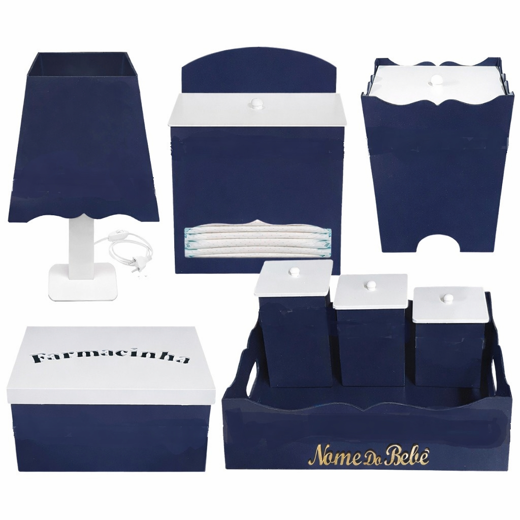 Kit Higiene Bebê Menino Azul Marinho MDF 8 Peças Personalizado com Nome em Oferta na Shopee