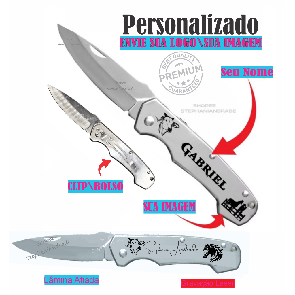 Canivete Personalizado De bolso em Aço Inoxidavel Laser Clip Presilha Seu Nome Desenho Imagem Agro