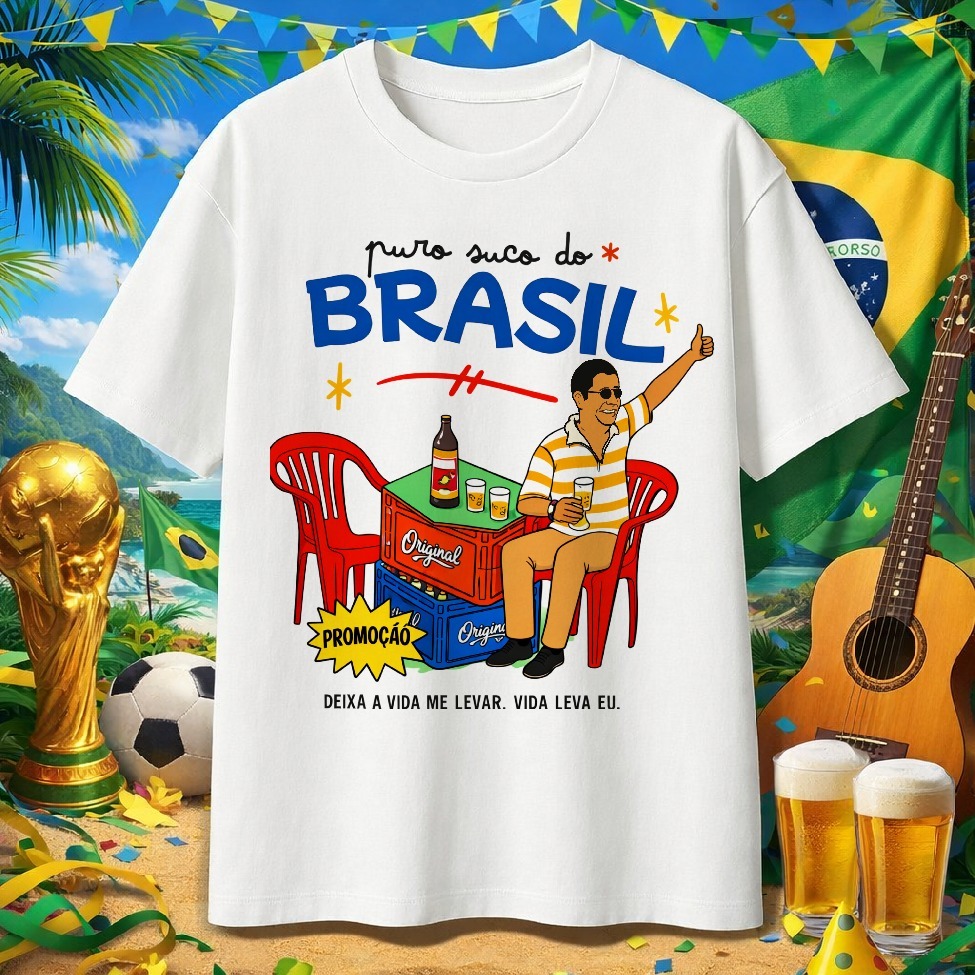 Camiseta Puro Suco do Brasil, ZECA PAGODINHO – Estilo Copa, Frase Divertida, 100% Brasilidade, Estampa Premium em Oferta na Shopee