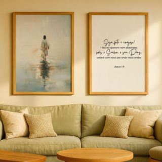 Kit 2 Quadros Cristão Jesus Anda Sobre águas e Seja Forte e Corajoso Josue 1:9 Com Moldura em Oferta na Shopee