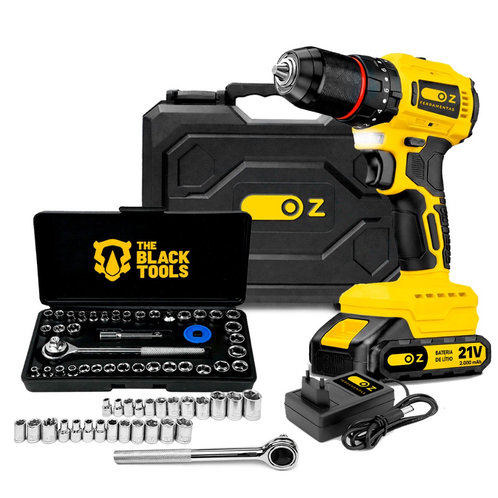 Parafusadeira De Impacto Brushless 21v Oz + Kit 40 Peças Soquetes Chave Catraca