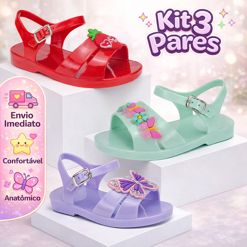 Kit 3 Pares Sandália Infantil Feminina Macia Papete Leve Confortável Fecho Fivela Antiderrapante