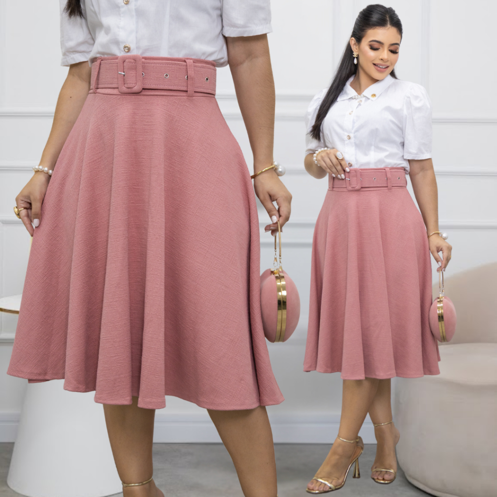 Saia Midi Laveli Comportada Rodada Godê Moda Cristã em Oferta na Shopee