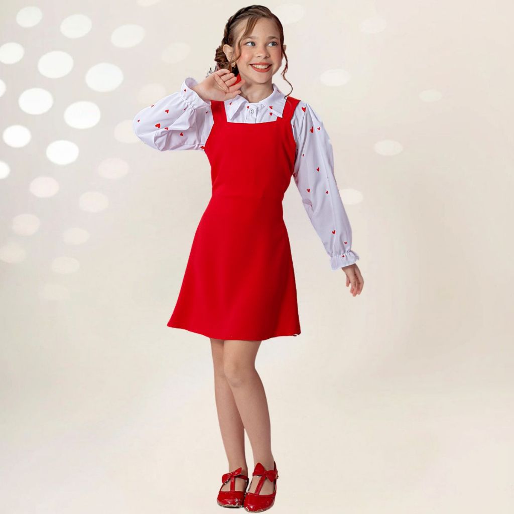 Vestido Salopete Midi Infantil + Blusa Confortável Feminino Vermelho Menina Curto Estampado