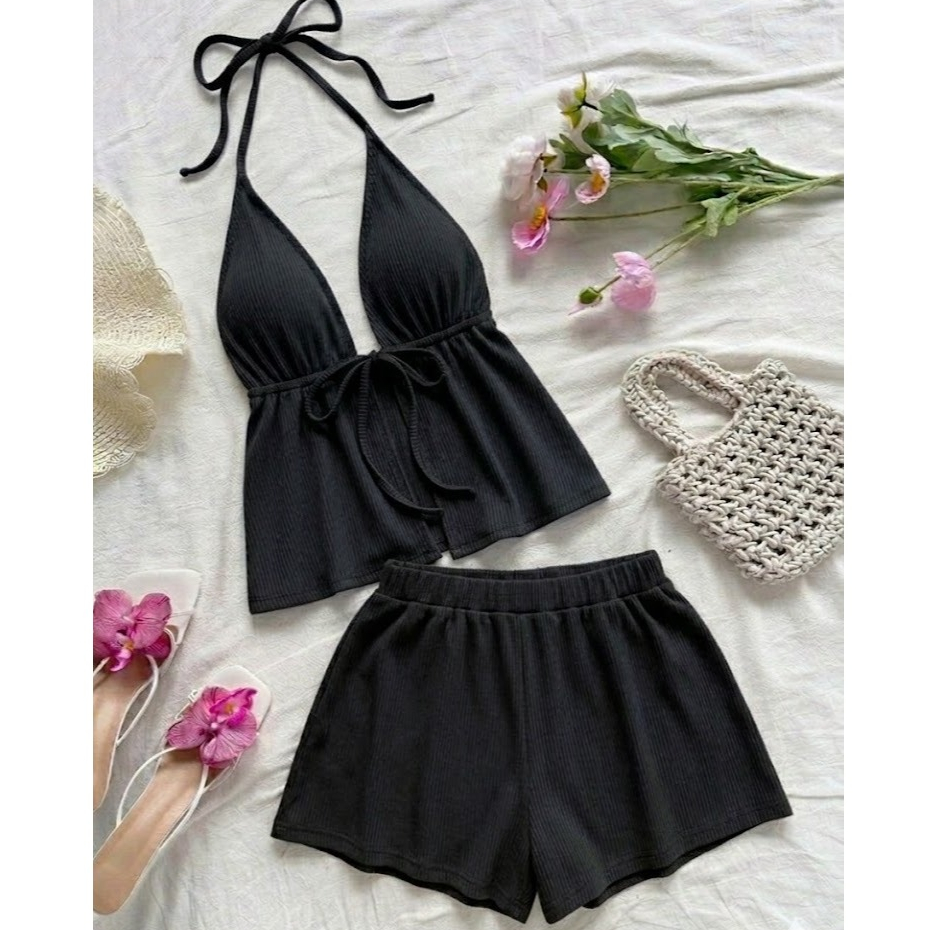Conjunto Lisa Blusinha Top Amarração + Short Soltinho Ribana Canelado Tendência Verão Versátil em Oferta na Shopee