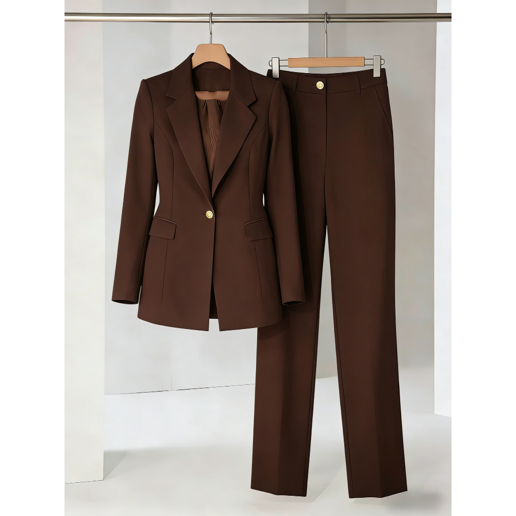 Conjunto blazer forrado com ombreira botão dourado e calça pantalona
