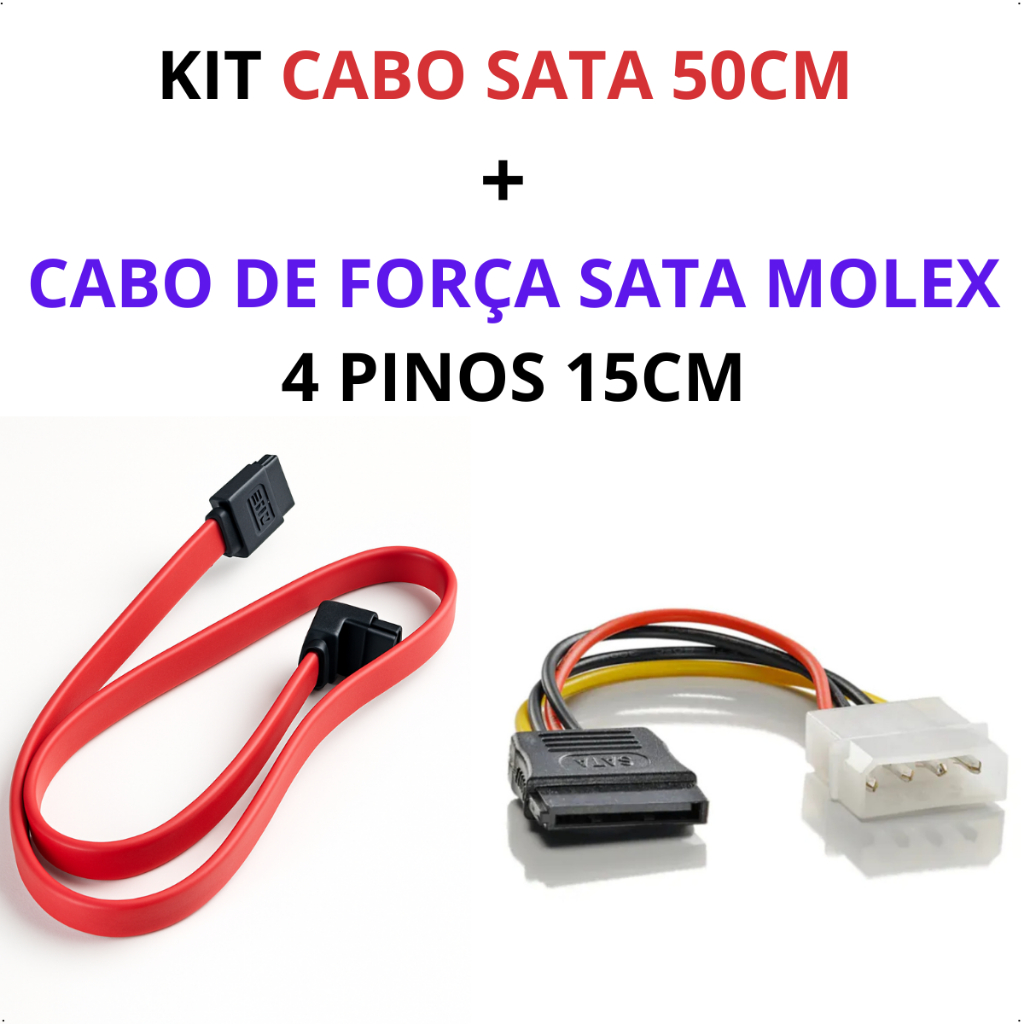 Kit Cabo de Dados Sata 50cm Vermelho + Cabo de Força Sata Conexão Molex 4 Pinos 15cm Reforçado