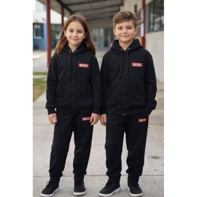 Conjunto Moletom zíper Frio menino menina Sesi Flanelado Ajustável Quentinho Inverno Bordado Capuz,  6 ao 16 infantil