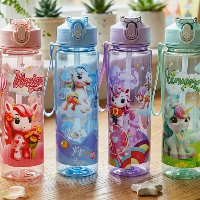 Garrafa de Água Infantil 700ml Unicórnio Com Canudo de Silicone – Tampa Com Trava de Segurança e Alça Para Escola