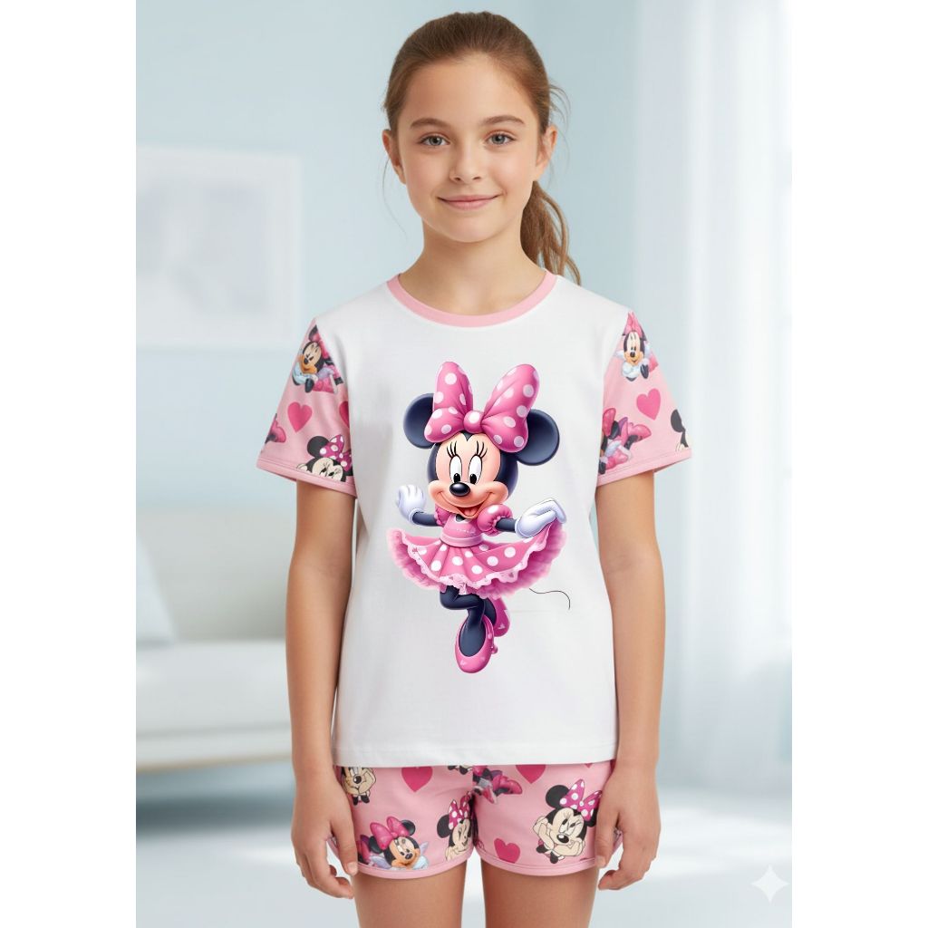 Pijama infantil Feminino Manga Curta Estampado Minnie Personagem Barato Frio Roupa Inverno