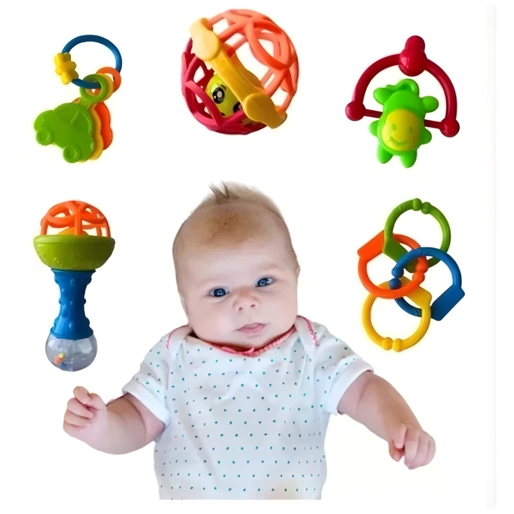 Kit 3 Mordedor para Bebê brinquedo Sensorial Silicone com Chocalho Coloridas
