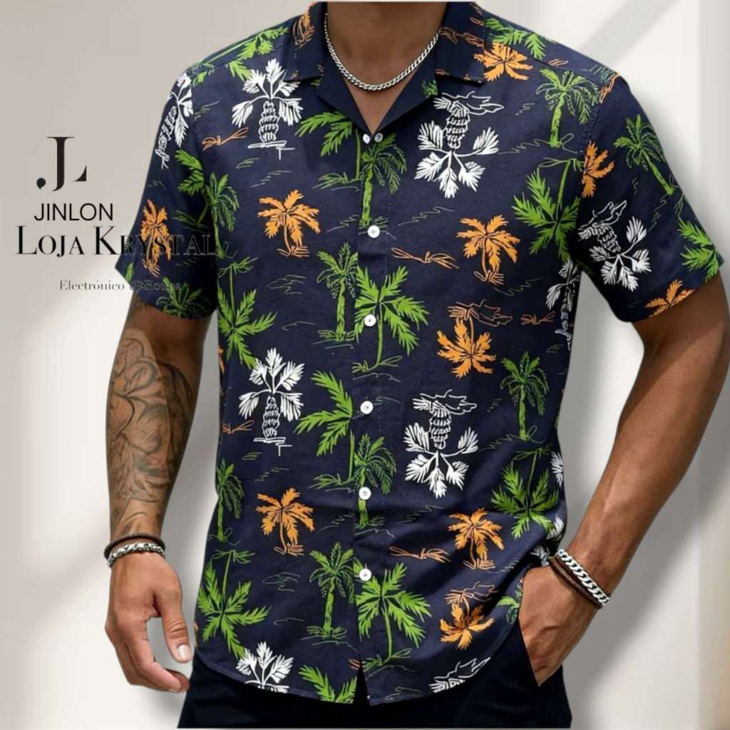 Floral Camisa Havaiana Praia Verão Masculino Manga Curta De Botão Tecido Viscolinho