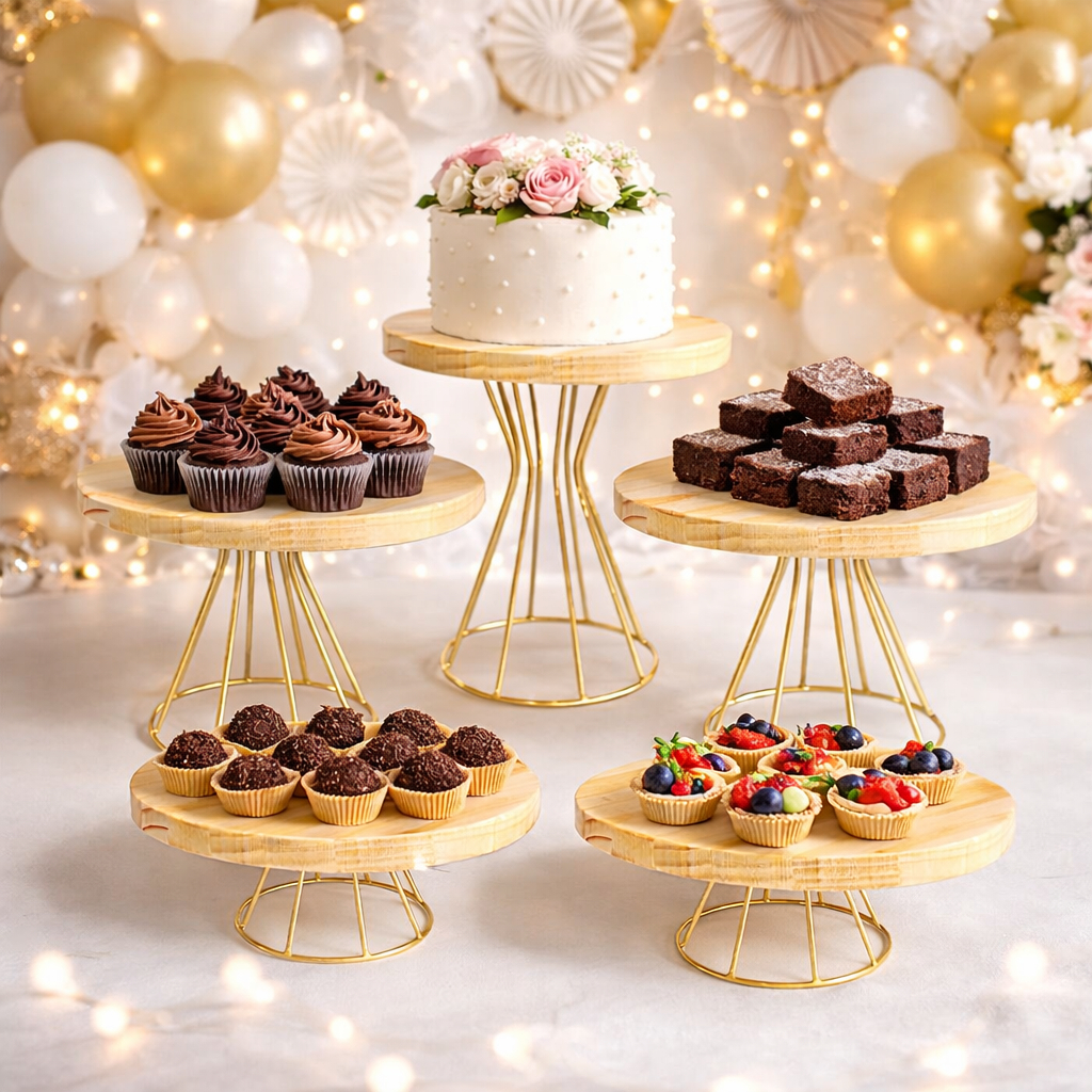 KIT 5 PEÇAS BOLEIRA E DOCEIRAS DE FESTA DECORATIVA MADEIRA E FERRO ARTESANAL