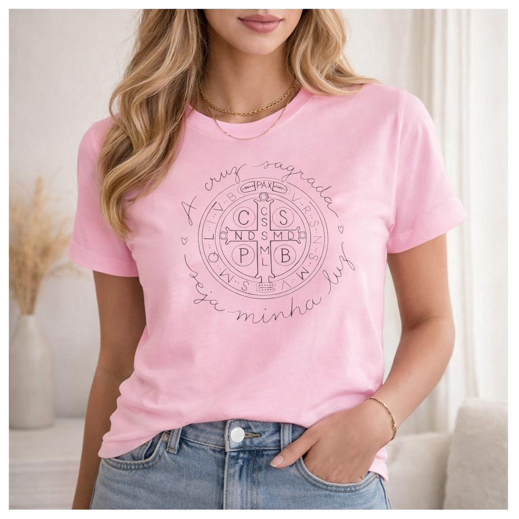 Camiseta Basica Unissex 100% Algodão Estampa DTF Religiosa Medalha De São Bento em Oferta na Shopee