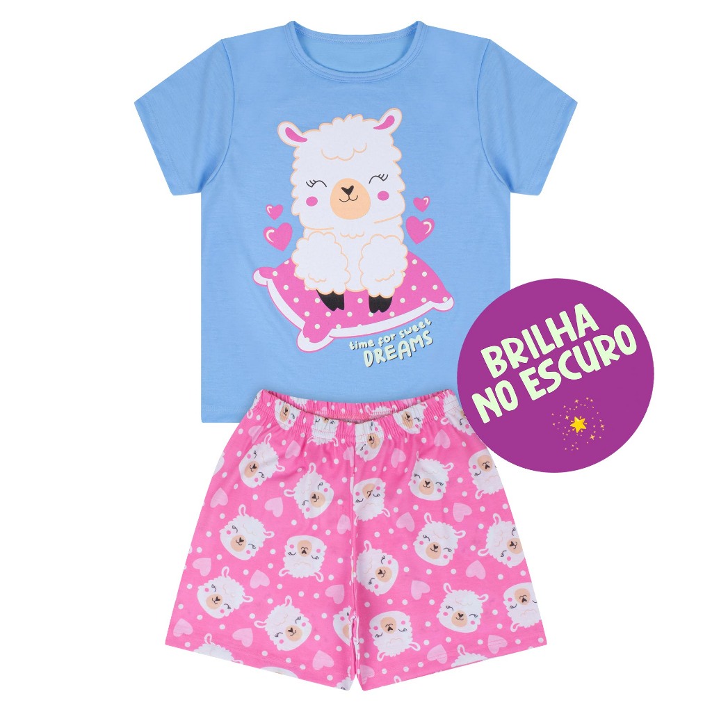 Pijama Infantil Menina Sweet Dreams Lhama Azul Brilha no Escuro Conjunto Verão Manga Curta Alemara em Oferta na Shopee
