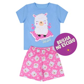 Pijama Infantil Menina Sweet Dreams Lhama Azul Brilha no Escuro Conjunto Verão Manga Curta Alemara em Oferta na Shopee