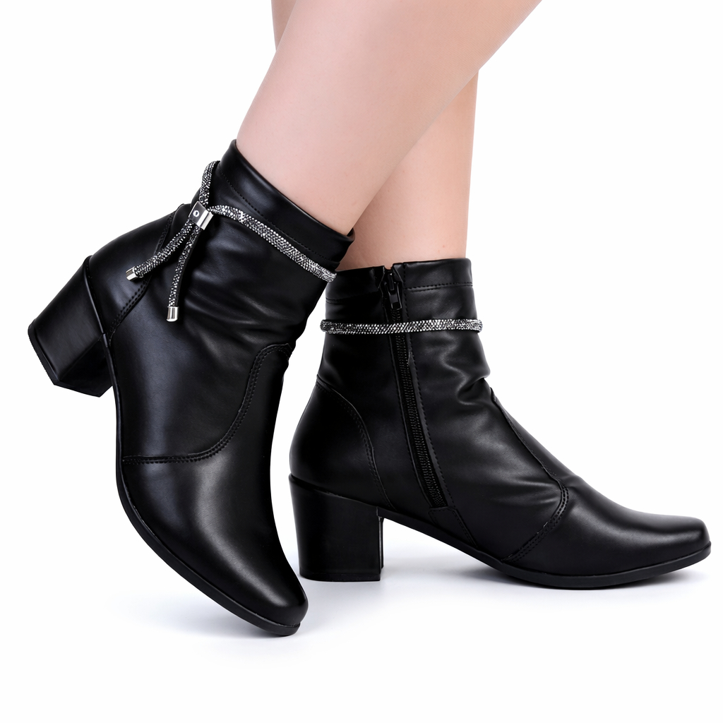 Bota Feminina de Salto Baixo Tira de Brilho Ajustável Removível Duas em Uma Estilo Conforto