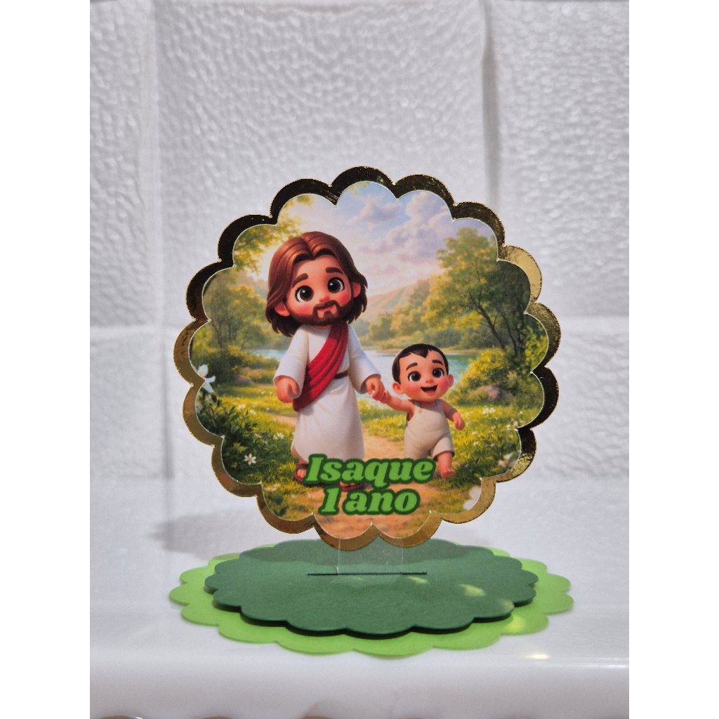 Tags aplique 3D em pé Jesus meu melhor amigo lamicote dourado lembrancinha aniversário personalizada