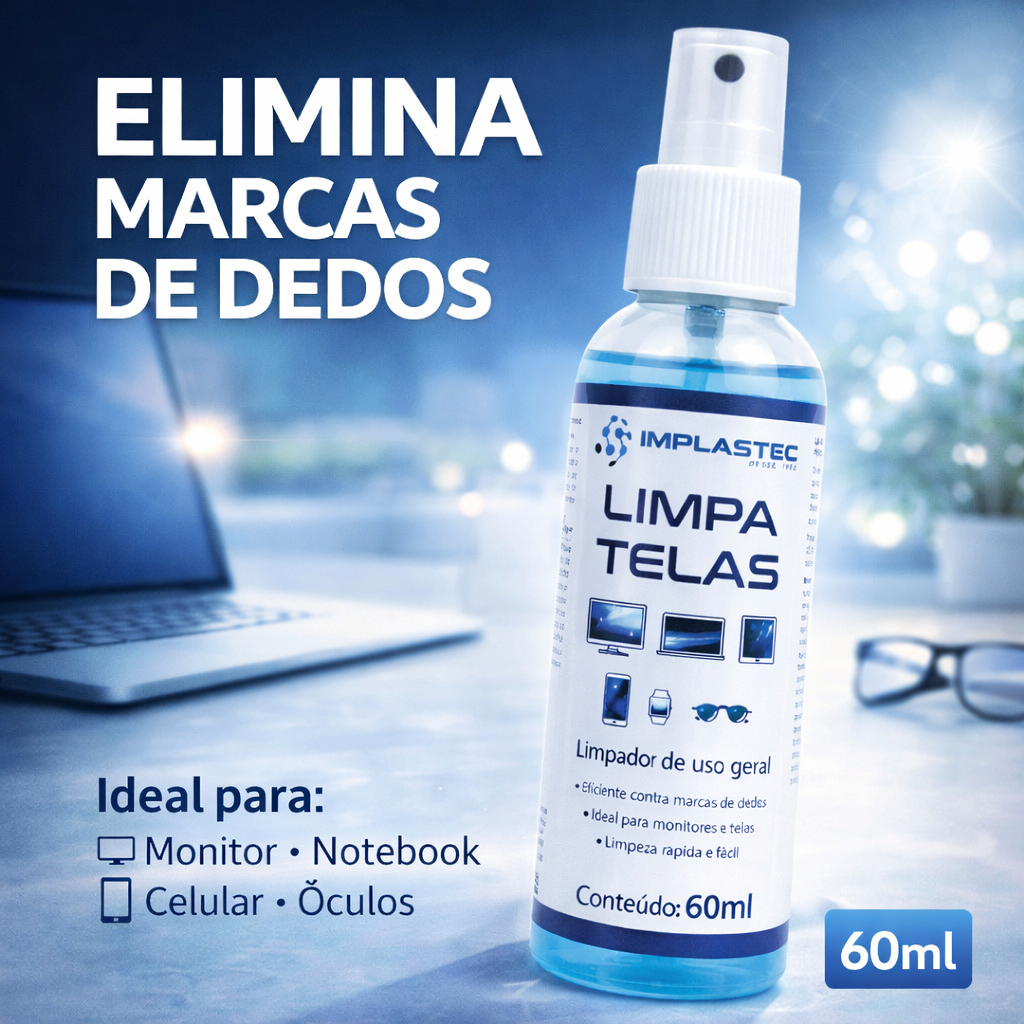 Spray Limpa Tela 60ml Implastec - Celulares, computadores, notebooks, óculos, smartphones, relógios