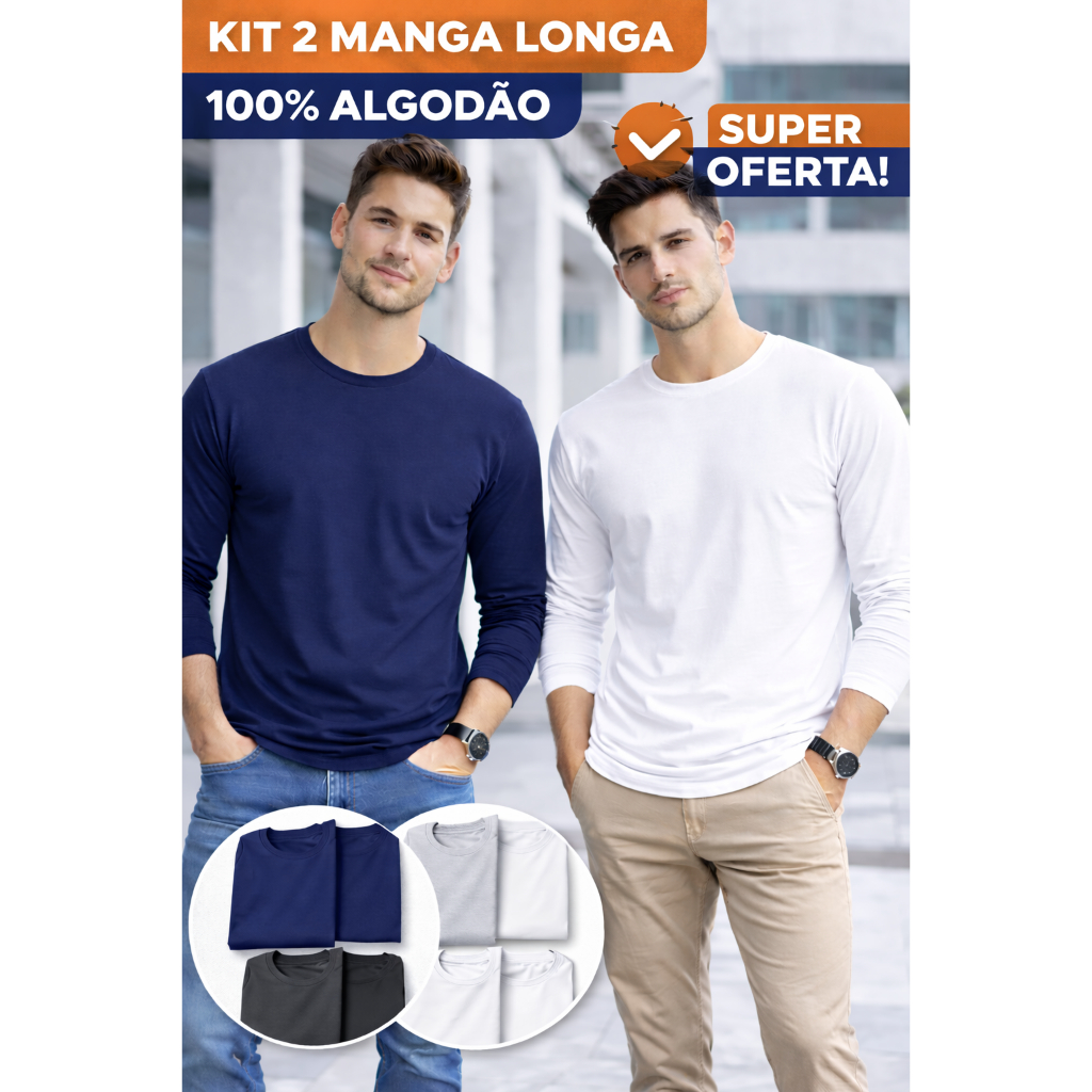 Kit 2 Manga Longa Masculina Básica 100% Algodão – Linha Premium em Oferta na Shopee