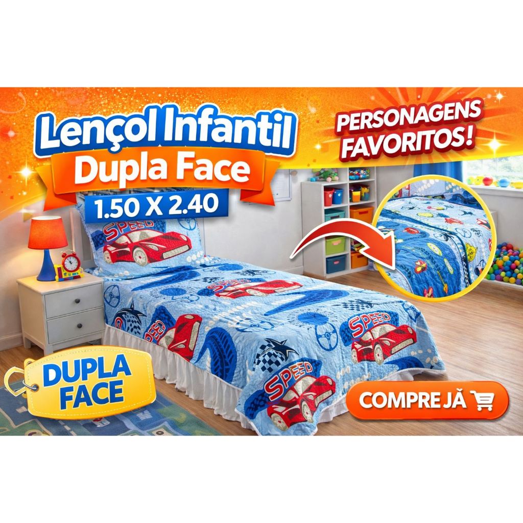 Kit Cobre Leito Infantil Dupla Face 2 Peças – Estampas de Personagens