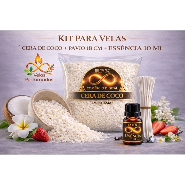 Kit para Velas l 1 Kg cera de coco em escama + 50 pavios A2030 c/ 18 cm + essência concentrada 10 ml em Oferta na Shopee