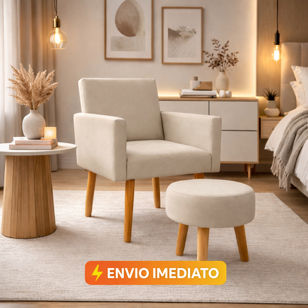 Poltrona e Puff Decorativo Nina para Sala de Estar Descanso Atendimento Manicure Pés Palito