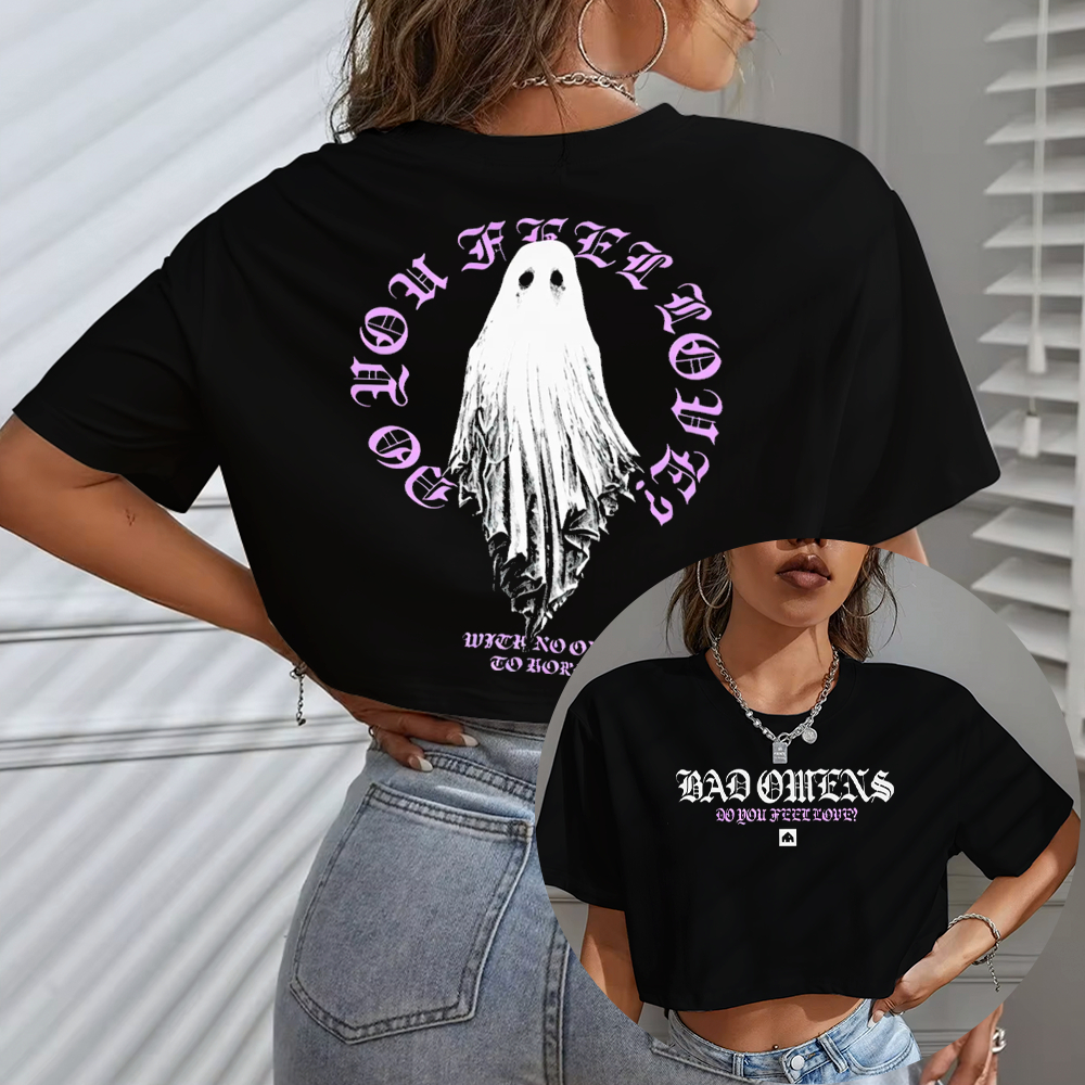 Blusa Cropped Tshirt Feminina Oversized Bad Omens Fantasma Gótico Estilo Cyber Punk Do You Feel Love?