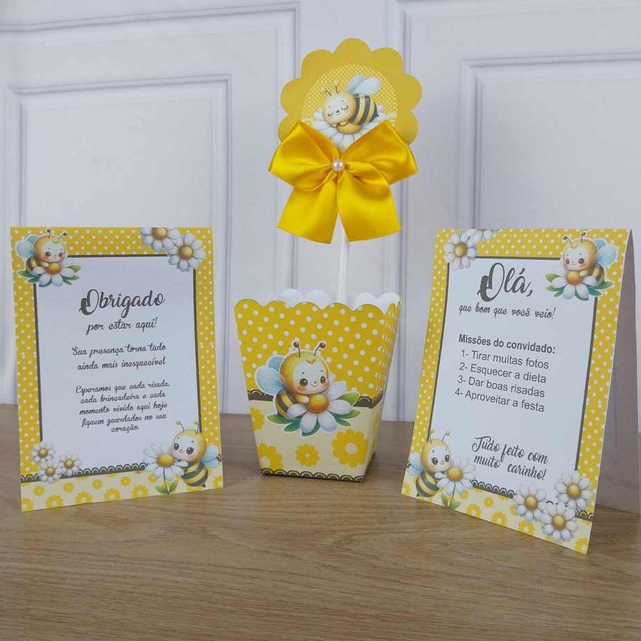 Kit Cachepô e Plaquinha  ABELHINHA  para decoração Centro de mesa - Pegue e Monte