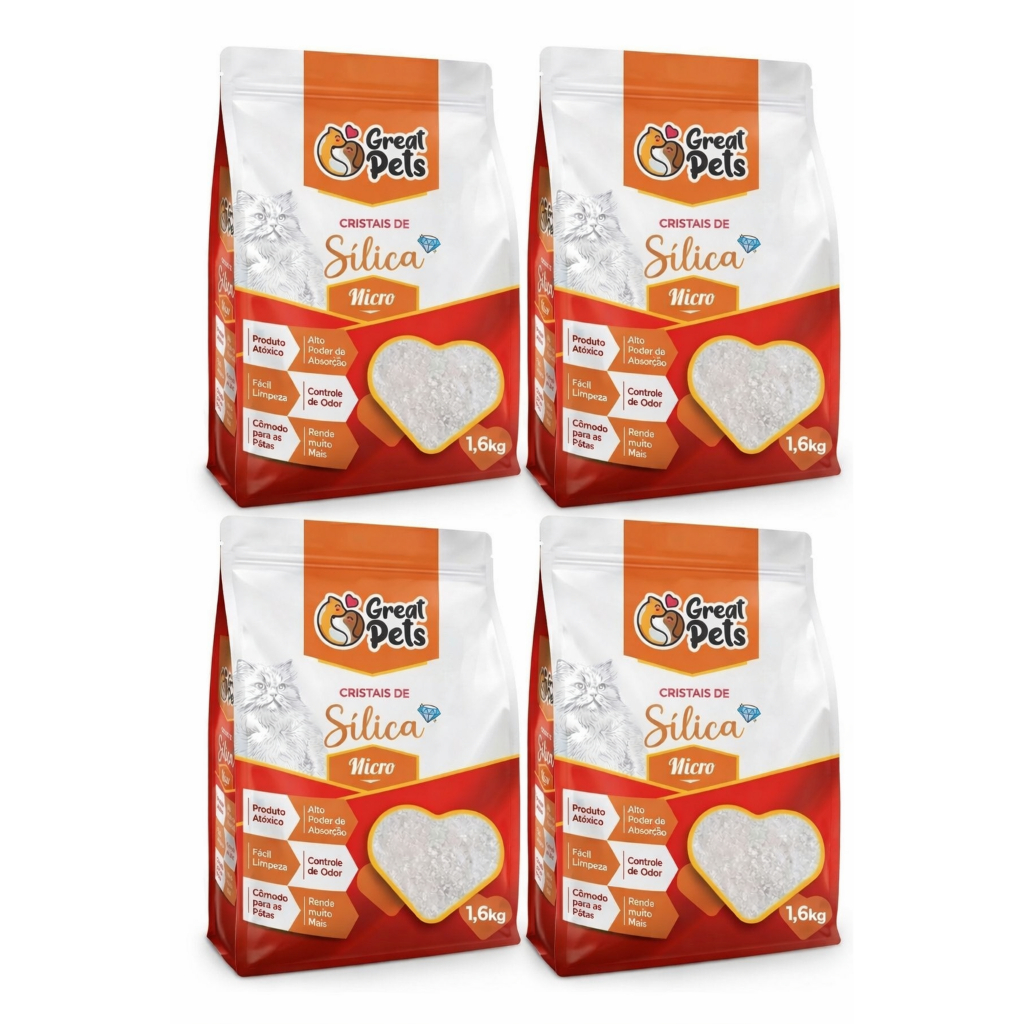 Kit 4 Areia Higiênica Sílica Fina Great Pets 1,6kg Para Gatos Alta Absorção Controle de Odores Rende Mais
