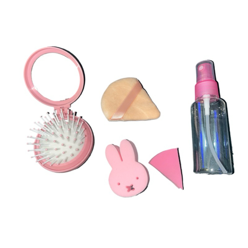 Kit 5 Maquiagem Fofinho Mini Espelho + Escova + Borrifador + Esponja Para Pó ou Base Make Kit Maquiagem de Bolsa