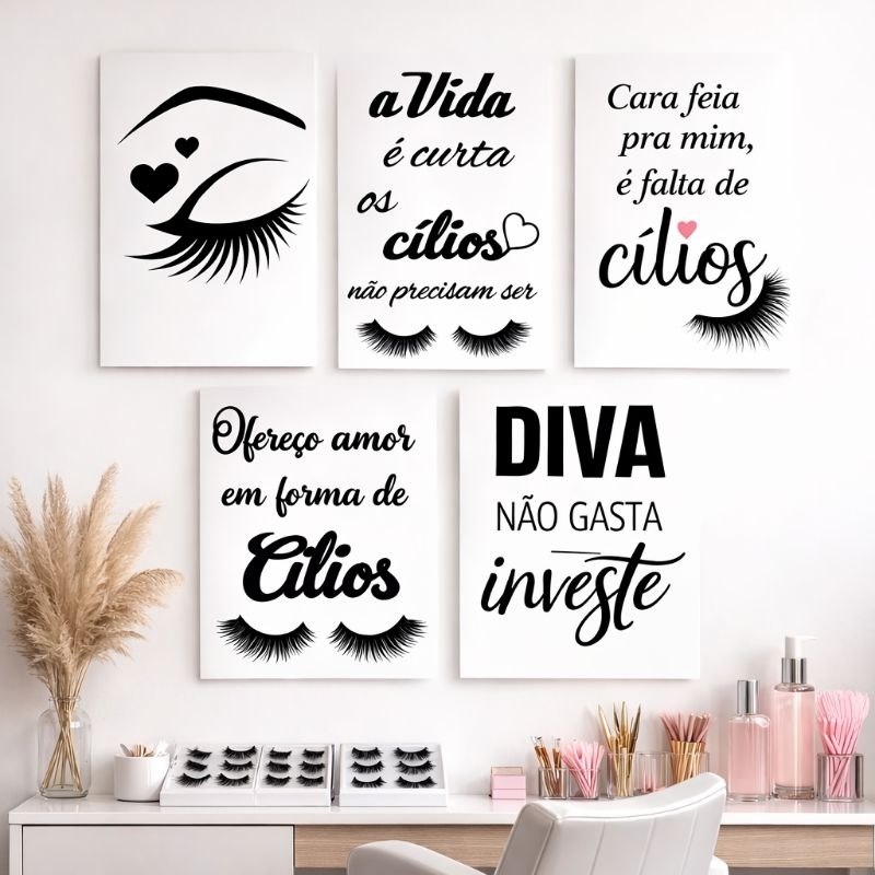 Kit 5 Placas Decorativas 10x15cm Cílios Lash Designer em Vinil – Decoração para Salão Alta Durabilidade