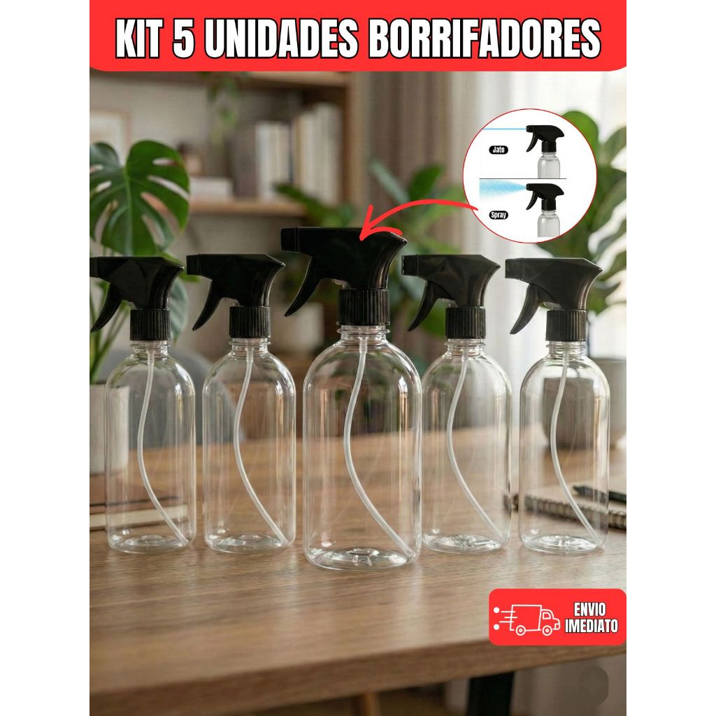 kit 5 Borrifadores Pulverizador Spray 500 ml Gatilho Reforçado Profissional Limpeza e Jardim Frasco