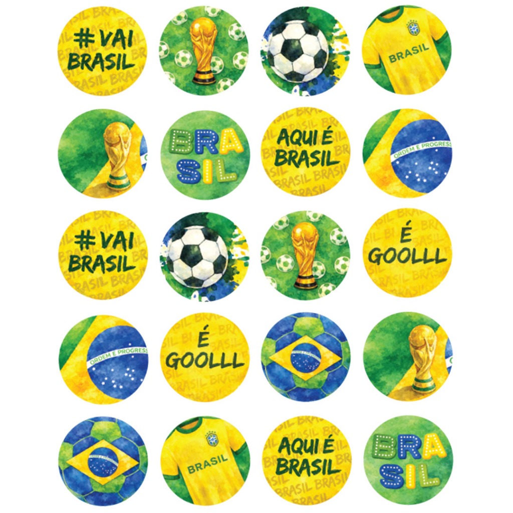 Cartela de Adesivo Redondos Copa do Mundo 2026 Bandeira do Brasil Seleção Brasileira Torcida Futebol