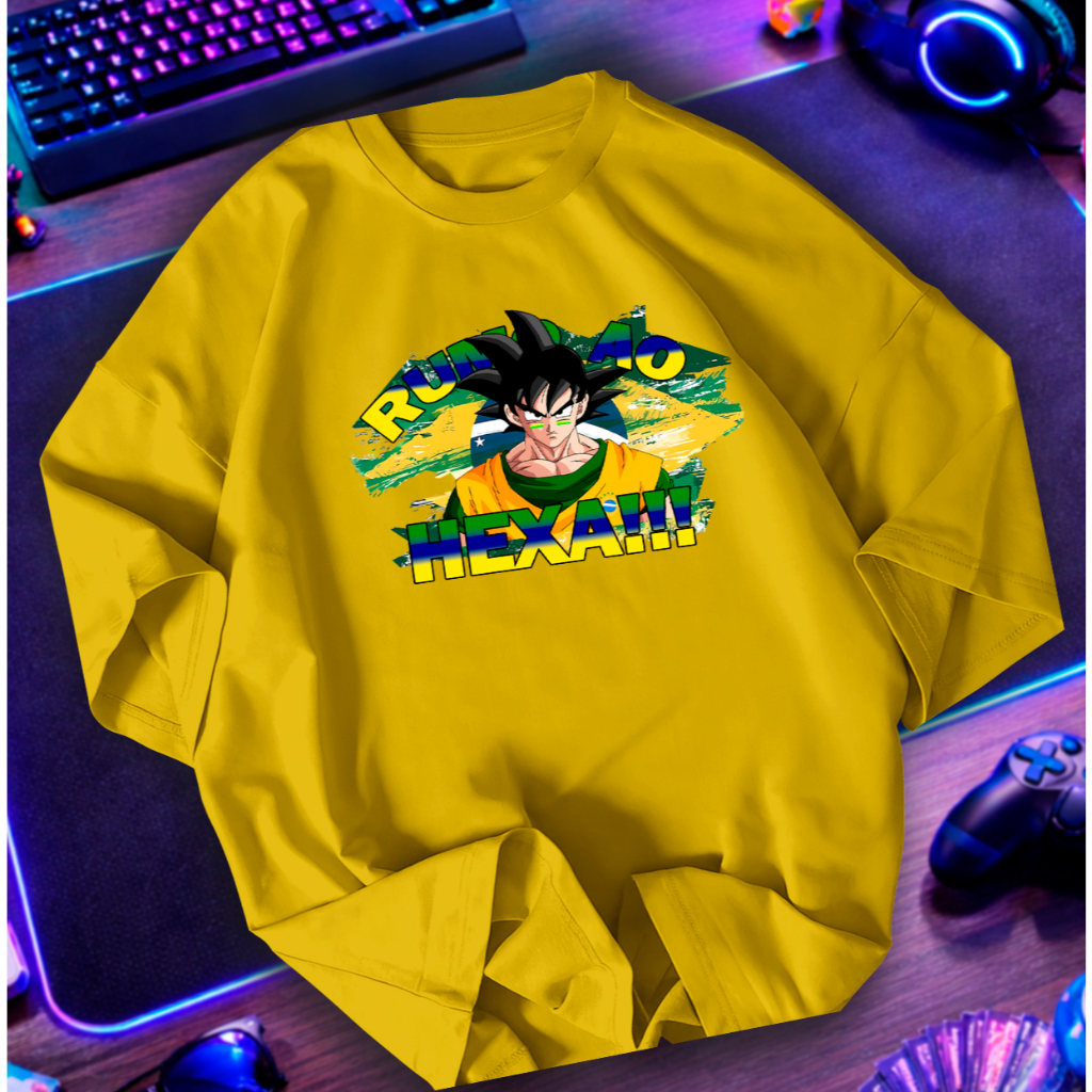 Camiseta Goku Brasileiro Copa do Mundo Camisa Rumo ao Hexa 100% Algodão de Anime Premium da Seleção