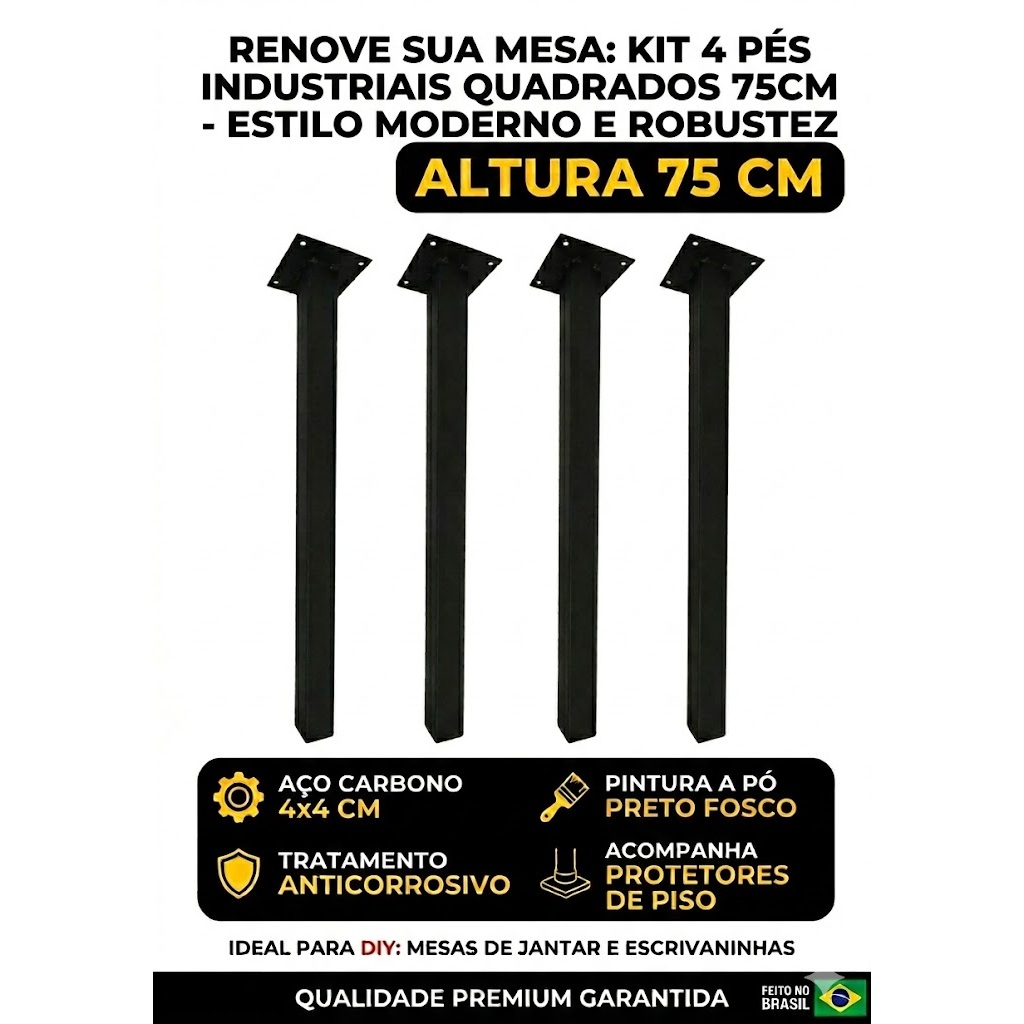 Kit 4 Pés de Ferro 75cm Preto Fosco - Fácil Instalação Crie Sua Mesa de Jantar DIY