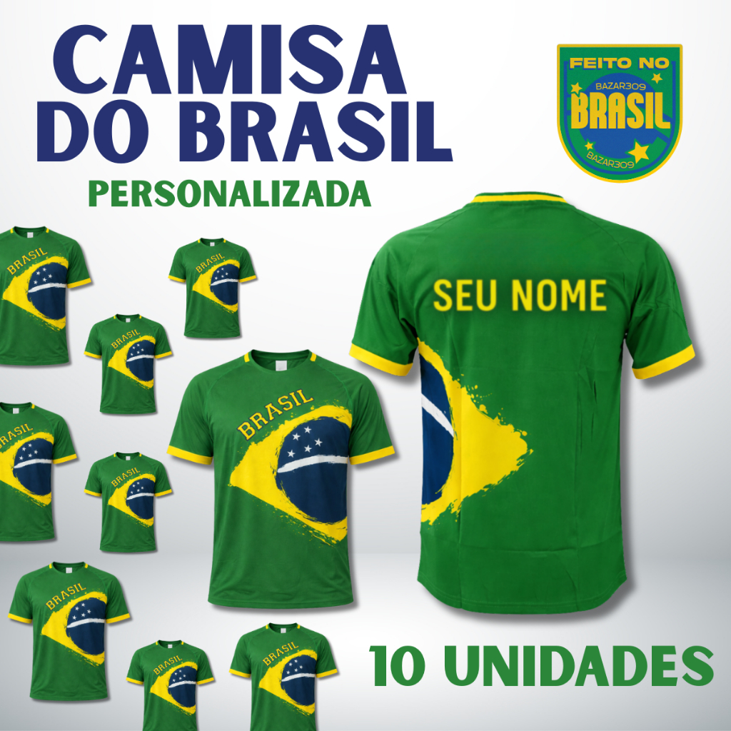 Kit 10 Camisas Do Brasil Personalizada Com Nome ou Logo Unissex Verde Bandeira